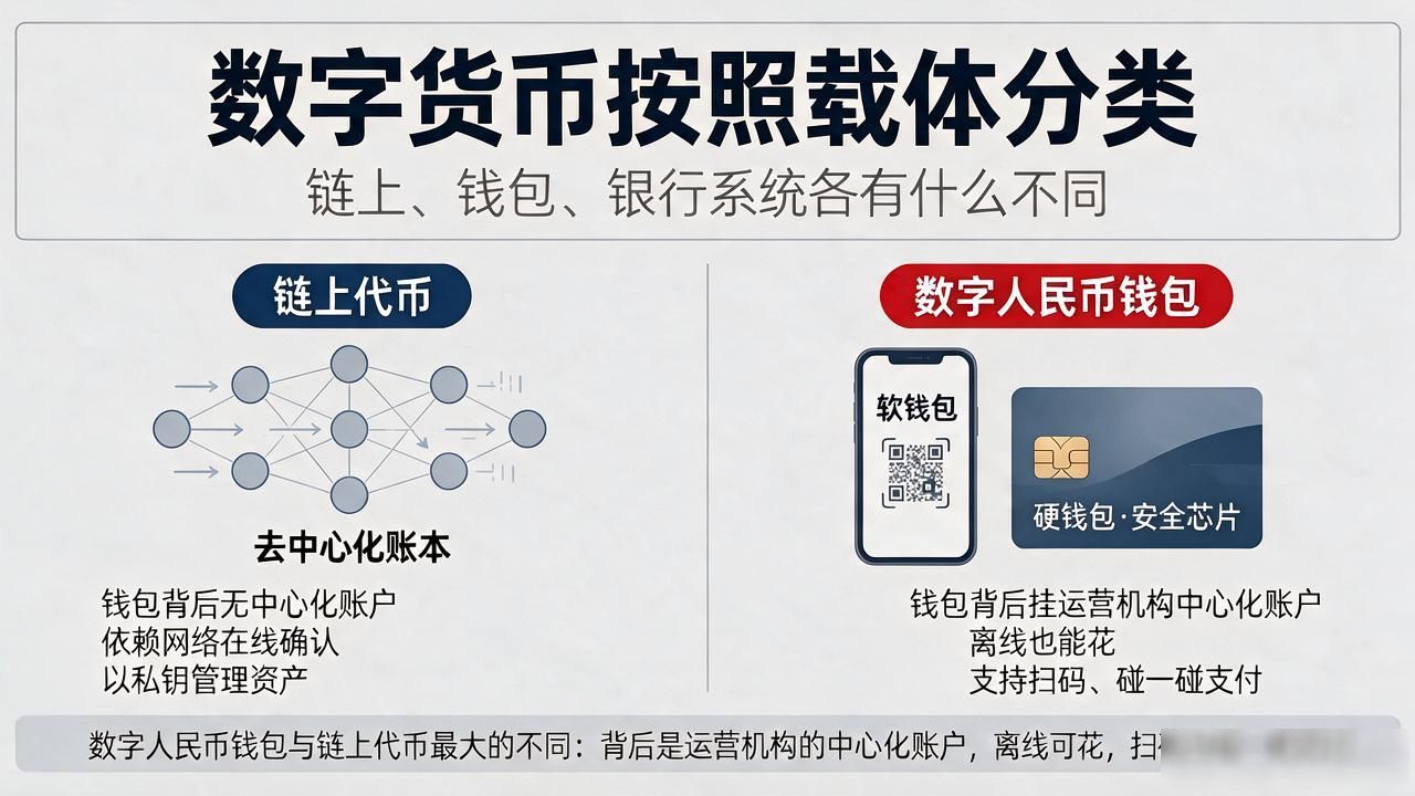 数字货币按照载体分类：链上、钱包、银行系统各有什么不同